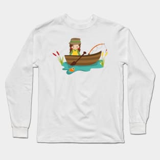 Fishing Girl, Fishing Rod, Fisherman, Brown Hair Long Sleeve T-Shirt